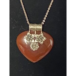 Israeli Sterling Seliver 925 Carnelian Large Heart Amulet 20" Long Necklace